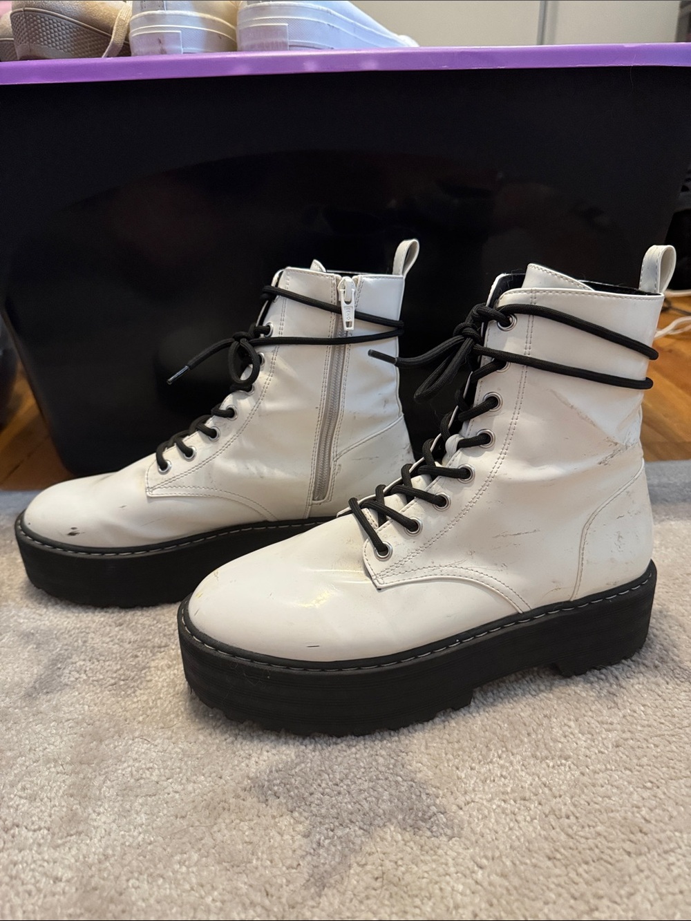 Divided White Platform Lace-Up Combat Boots with Black Laces